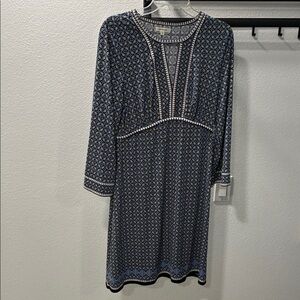 Max Studio Navy, White & Light Blue Long Sleeve Printed Dress